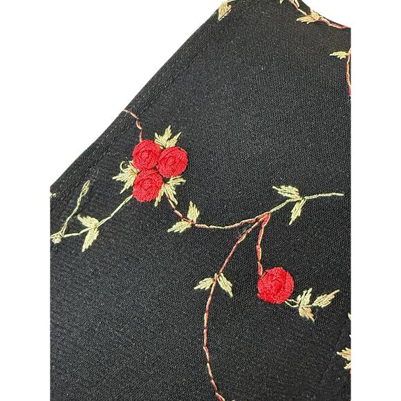 Vintage 90s Y2K Shirt Women Medium Black Mesh Lettuce Hem Sheer Floral Red Rose - Picture 9 of 11